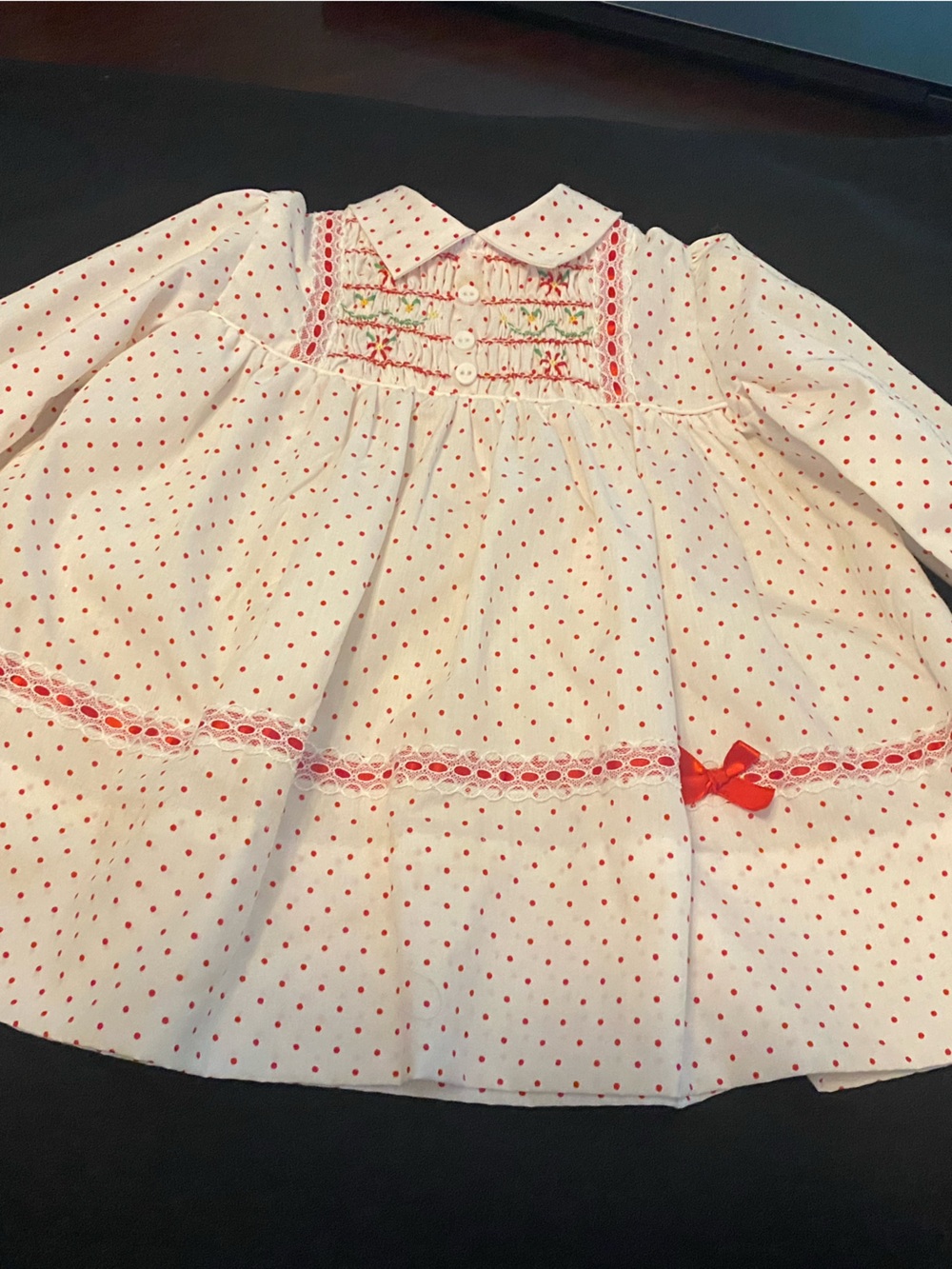 PollyFlinders vintageWhite/red smocked dressDress with Red Polka Dots and Bow